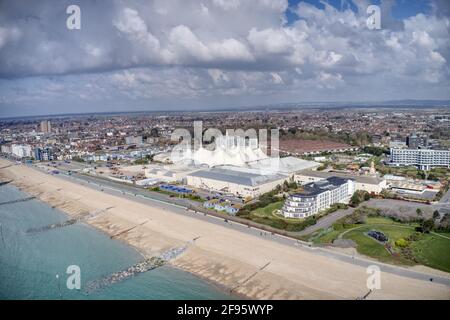 Aerial footage of West Sussex coast from of the resort of Bognor Regis and Butlins Holiday Village.. Stock Photo