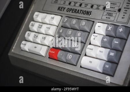 Keyboard of an old-fashioned bookmakers settling machine displayed at Science Museum in London Stock Photo