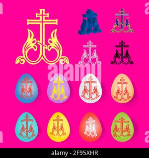 Stencil blank for coloring eggs with examples of application. Silhouette of the Orthodox cross. Stock Vector