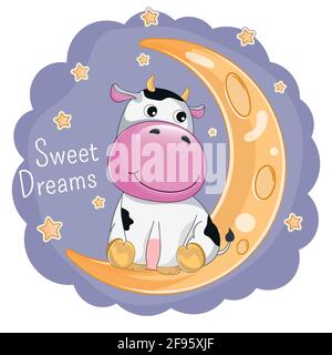 Cute cartoon cow is sitting on the moon. Stock Vector