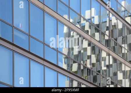 Reflection of FRAC Museum designed by Kengo Kuma Reflected in Glass Office Building Marseille Provence France Stock Photo