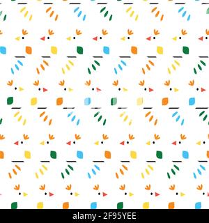 Abstract minimalist birds seamless vector pattern. Repeating animal background for kids. Blue red yellow green bird silhouettes sitting on rope Stock Vector