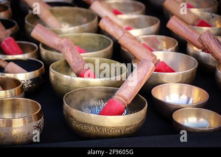 Tibetan singing bowl in a street market Stock Photo