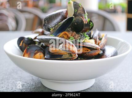 Bowl of Moules Mariniere or Belgian Steamed Mussels in White Wine and Garlic Stock Photo