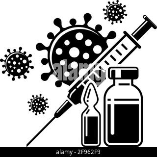 Time to COVID vaccinate icon. Vector illustration with syringe, bottle and vial with vaccine and virus. Stock Vector