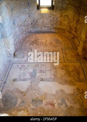 General view of the Cubicle of Choruses and Actors, Villa Romana del Casale Stock Photo
