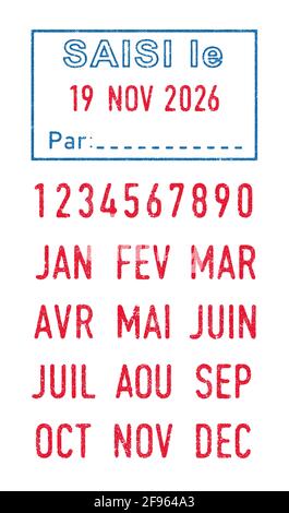 Vector illustration of The French word Saisi (Captured) in blue ink stamp and editable French dates (day, month and year) in red ink stamps Stock Vector