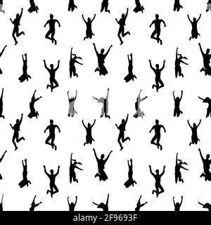 Seamless pattern with black and white silhouettes of crowd of young happy multinational diverse people in jumping poses Stock Vector