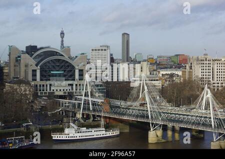 London, UK: panoramic view of Charing Cross station and Golden Jubilee bridge Stock Photo