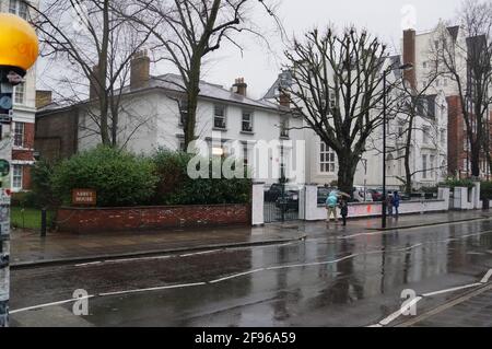 View of Abbey Road and the Abbey Road Studios in London, UK, on a rainy day Stock Photo