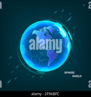 Earth space globe planet with blue ray. Vector image in the form of Globe with starry sky, consisting of points, lines, and shapes ozone shield Stock Vector