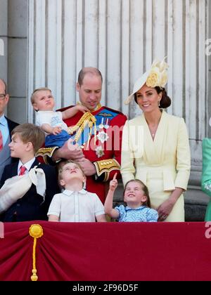 Members of the royal family including Prince Charles, the Duke of York, Duke of Sussex, Duchess of Sussex, Duke of Cambridge, Duchess of Cambridge, Prince George, Princess Charlotte and Prince Louis join HRH Queen Elizabeth II on the balcony of Buckingham Palace to celebrate the Trooping of the Colour.  8 June 2019.  Please byline: Vantagenews.com Stock Photo