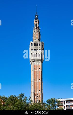 Lille, France - June 22 2020: The belfry of the city hall of Lille is located place Roger-Salengro, in the Saint-Sauveur district. Stock Photo