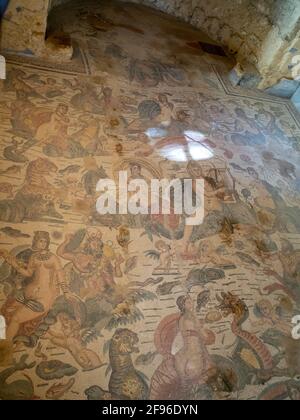 General view of the Hall of Arion mosaic, Villa Romana del Casale Stock Photo