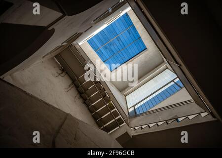 Building, old building, stairwell, inner courtyard, dormer window, stairs, upward view, Stock Photo