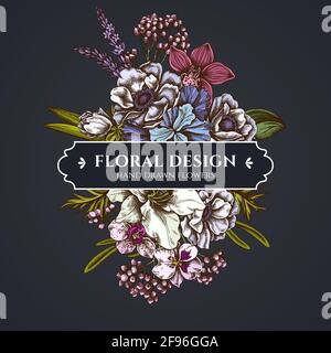 Floral bouquet dark design with anemone, lavender, rosemary everlasting, phalaenopsis, lily, iris Stock Vector
