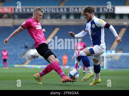 Derby County's Louie Sibley (left) in action during the Sky Bet Championship match at Ewood Park, Blackburn. Picture date: Friday April 16, 2021. Stock Photo