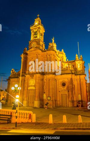 Night view of the Sacred Heart Parish Church in Victoria (Rabat), Gozo, Malta Stock Photo