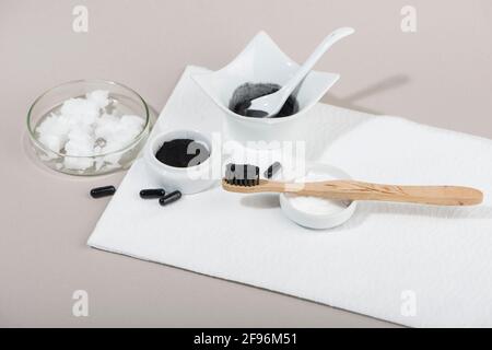 Homemade charcoal powder Toothpaste. Home beauty concept. Close up. Stock Photo