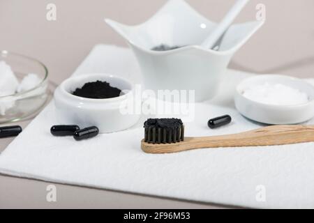 Homemade charcoal powder Toothpaste. Home beauty concept. Close up. Stock Photo