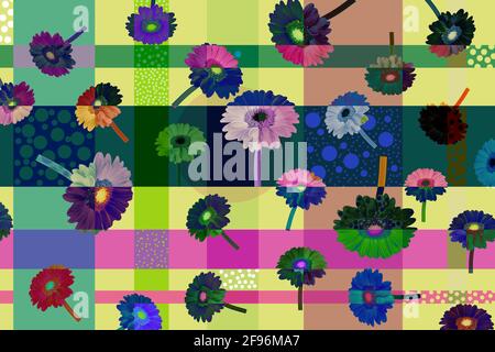 Modern style pattern of gerbera flowers with leaves on colorful background. Motifs scattered random. Elegant template for fashion prints. Flat lay. Stock Photo