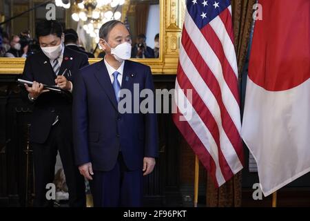 Washington, United States. 16th Apr, 2021. Japanese Prime Minister Yoshihide Suga meets with Vice President Kamala Harris (not shown) prior to his meeting President Joe Biden at the White House in Washington, DC on Friday, April 16, 2021. Suga is on a one-day visit to the White House to meet with President Joe Biden. Photo by Stefani Reynolds /UPI Credit: UPI/Alamy Live News Stock Photo