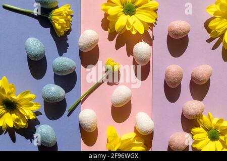 Abstract Easter layout with eggs and yellow flowers with trend summer shadows on colorful background. Minimal spring holiday concept. Flat lay. Stock Photo