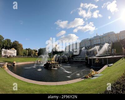 Peterhof Castle, with the gardens and water fountains with the water canals Stock Photo