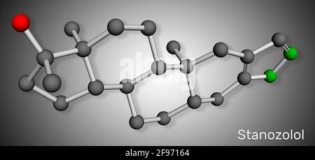 Stanozolol, Stz molecule. It is androgen, synthetic anabolic steroid, used in treating hereditary angioedema. Molecular model. 3D rendering Stock Photo