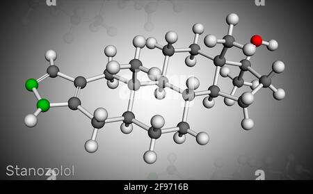 Stanozolol, Stz molecule. It is androgen, synthetic anabolic steroid, used in treating hereditary angioedema. Molecular model. 3D rendering. 3D illust Stock Photo