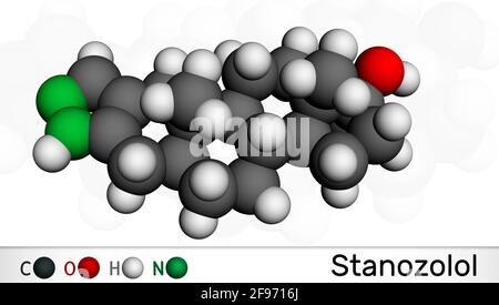 Stanozolol, Stz molecule. It is androgen, synthetic anabolic steroid, used in treating hereditary angioedema. Molecular model. 3D rendering. 3D illust Stock Photo