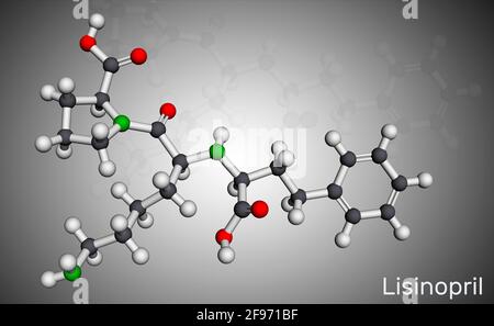 Lisinopril molecule. It is dipeptide, ACE inhibitor used to treat hypertension, heart failure, heart attacks. Molecular model. 3D rendering. 3D illust Stock Photo