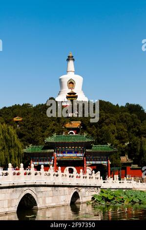 Beihai Park with the 17 Arch Bridge and the White Pagoda in the background Stock Photo