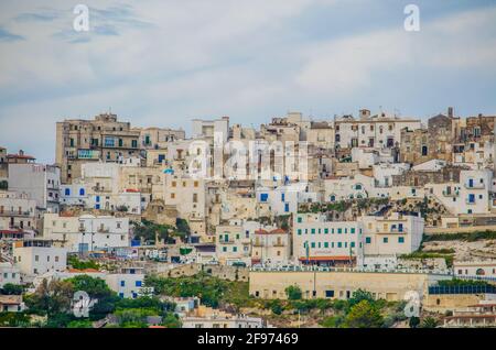 View of the old town of Italian city Peschici, Puglia. Stock Photo