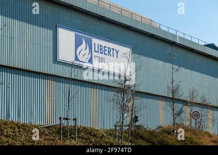 Sheffield, UK, April 16th, 2021. The Stocksbridge plant of Liberty Steel, run by British Indian Sanjeev Gupta. The future of the plant remains uncertain following the collapse of the groups main financier Greensill Capital, Liberty Steel works in Stocksbridge, near Sheffield, north of England on Friday, April 16th, 2021. Stock Photo