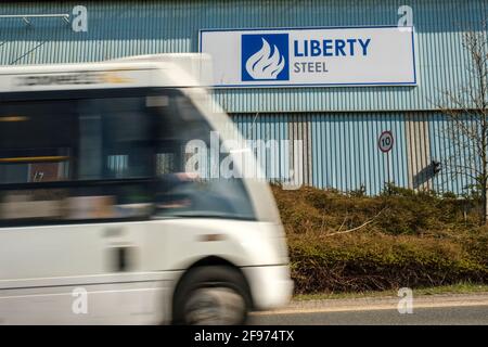 Sheffield, UK, April 16th, 2021. The Stocksbridge plant of Liberty Steel, run by British Indian Sanjeev Gupta. The future of the plant remains uncertain following the collapse of the groups main financier Greensill Capital, Liberty Steel works in Stocksbridge, near Sheffield, north of England on Friday, April 16th, 2021. Stock Photo