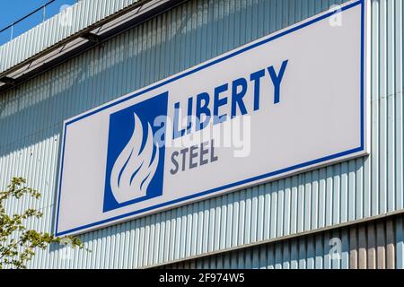 Sheffield, UK, April 16th, 2021. The Stocksbridge plant of Liberty Steel, run by British Indian Sanjeev Gupta. The future of the plant remains uncertain following the collapse of the groups main financier Greensill Capital, Liberty Steel works in Stocksbridge, near Sheffield, north of England on Friday, April 16th, 2021. Stock Photo