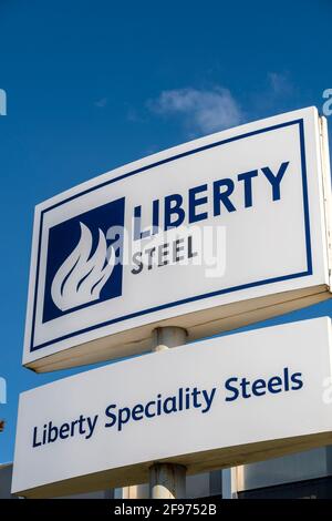 Sheffield, UK, April 16th, 2021. The Stocksbridge plant of Liberty Steel, run by British Indian Sanjeev Gupta. The future of the plant remains uncertain following the collapse of the groups main financier Greensill Capital, Liberty Steel works in Stocksbridge, near Sheffield, north of England on Friday, April 16th, 2021. Stock Photo