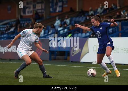 Chelsea's Jorja Fox (right) in action during the Vitality Women's FA Cup fourth round match at Kingsmeadow Stadium, London. Stock Photo