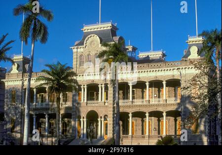 Iolani Palace, the only royal palace in the USA; downtown historic district, Honolulu, Oahu, Hawaii. Stock Photo