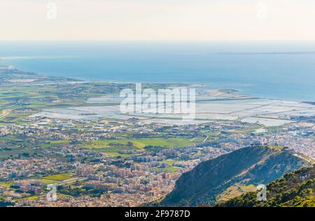 Aerial view of salinas of Trapani on Sicily, Italy Stock Photo