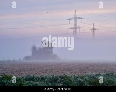 High voltage power lines in the morning mist Stock Photo