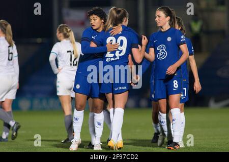 LONDON, UK. APRIL 16TH : Chelsea celebrates after win during the 2020-21 FA Women’s Cup fixture between Chelsea FC and London City at Kingsmeadow. Stock Photo