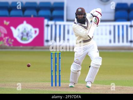 16 April, 2021. London, UK. Surrey’s Hashim Amla batting as Surrey take on Leicestershire in  the County Championship at the Kia Oval, day two. David Rowe/Alamy Live News Stock Photo