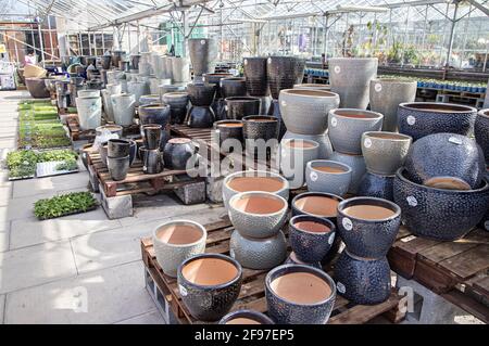 Plant pots for sale in garden centre, Wales, UK Stock Photo