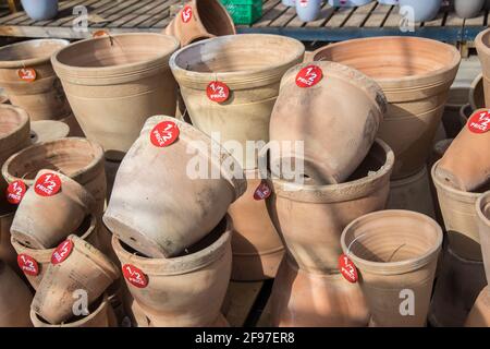 Plant pots for sale in garden centre, Wales, UK Stock Photo