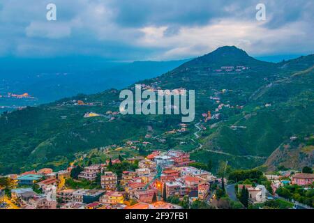 Aerial view of Taormina during sunset, Sicily, Italy Stock Photo