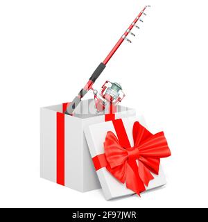 Spinning reel inside gift box, present concept. 3D rendering isolated on white  background Stock Photo - Alamy
