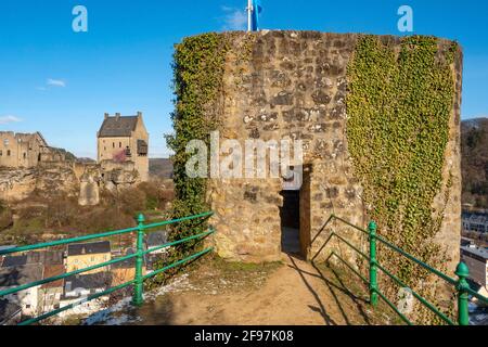 View of Burg Fels in Larochette in the valley of the white Ernz, Canton Mersch, Grand Duchy of Luxembourg Stock Photo