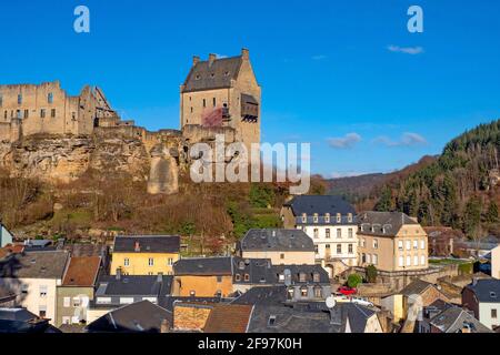 View of Burg Fels in Larochette in the valley of the white Ernz, Canton Mersch, Grand Duchy of Luxembourg Stock Photo